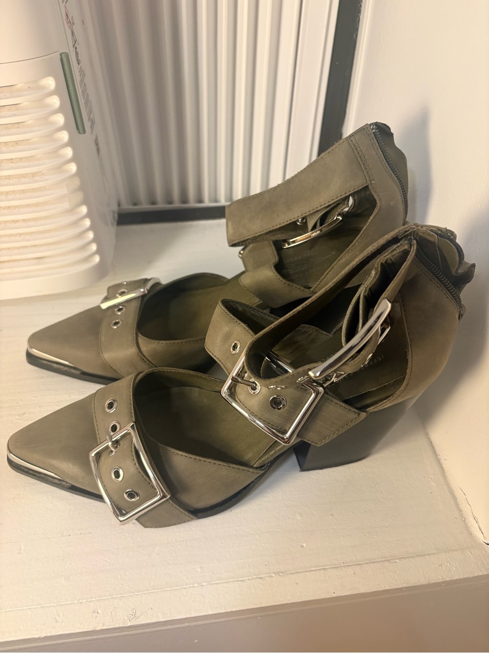 Free People Olive Green Pointed Buckle Block Heel Booties